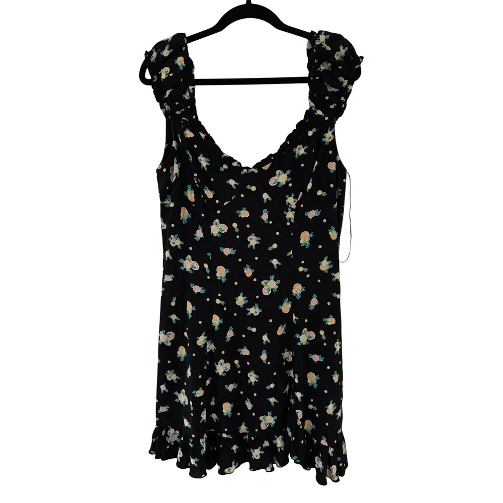 Free People Black Floral Polka Dot Ruffle Mini Dress Sweetheart Neck Large